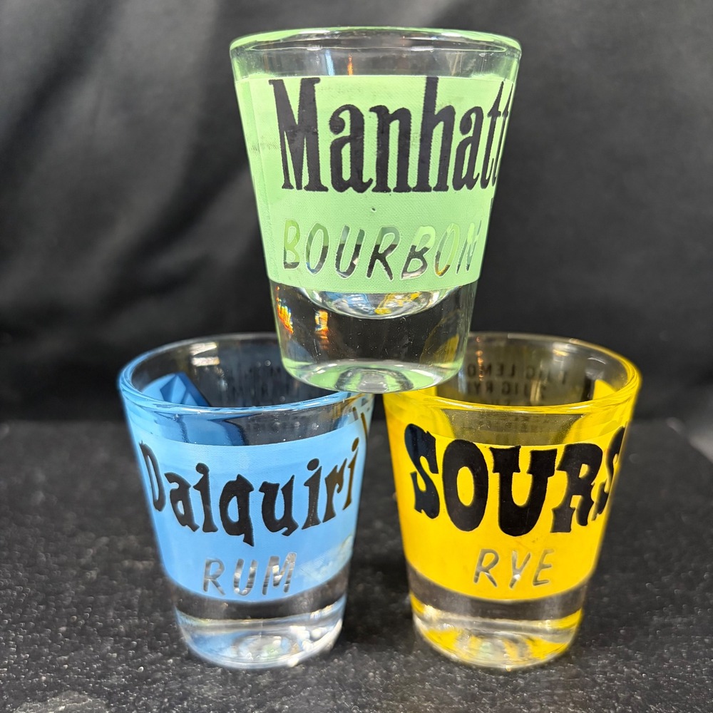 Vintage Mid-Century Modern Recipe Shot Glass Set Manhattan Daiquiri Sour 3pc